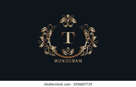 Exquisito monograma de bronce sobre un fondo oscuro con la letra T. El elegante logo es idéntico para un restaurante, hotel, heráldica, joyería, etiquetas, invitaciones.