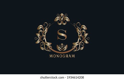 Exquisite Bronze-Monogramm auf dunklem Hintergrund mit dem Buchstaben S. Das stylische Logo ist identisch für ein Restaurant, Hotel, Heraldry, Schmuck, Etiketten, Einladungen.