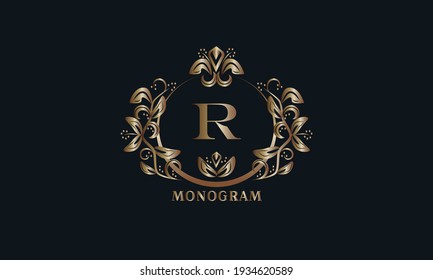 Exquisite bronze monogram on a dark background with the letter R. Stylish logo is identical for a restaurant, hotel, heraldry, jewelry, labels, invitations.