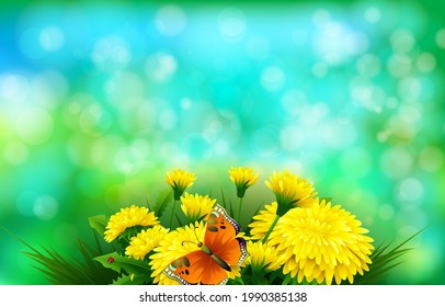 Exquisite butterfly with sun flowers vector illustration in the blue green bokeh effect background.