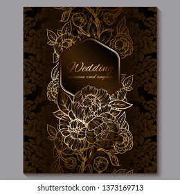 Exquisite chocolate royal luxury wedding invitation, gold floral background with frame and place for text, lacy foliage made of roses or peonies with golden shiny gradient