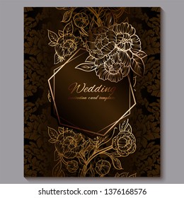 Exquisite chocolate royal luxury wedding invitation, gold floral background with frame and place for text, lacy foliage made of roses or peonies with golden shiny gradient