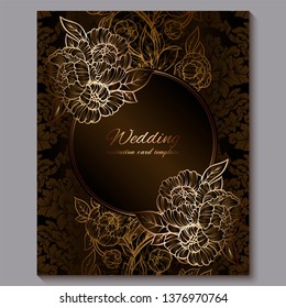 Exquisite chocolate royal luxury wedding invitation, gold floral background with frame and place for text, lacy foliage made of roses or peonies with golden shiny gradient