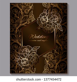 Exquisite chocolate royal luxury wedding invitation, gold floral background with frame and place for text, lacy foliage made of roses or peonies with golden shiny gradient