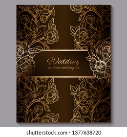 Exquisite chocolate royal luxury wedding invitation, gold floral background with frame and place for text, lacy foliage made of roses or peonies with golden shiny gradient