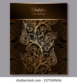 Exquisite chocolate royal luxury wedding invitation, gold floral background with frame and place for text, lacy foliage made of roses or peonies with golden shiny gradient