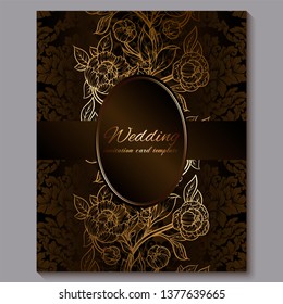 Exquisite chocolate royal luxury wedding invitation, gold floral background with frame and place for text, lacy foliage made of roses or peonies with golden shiny gradient