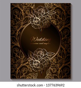 Exquisite chocolate royal luxury wedding invitation, gold floral background with frame and place for text, lacy foliage made of roses or peonies with golden shiny gradient