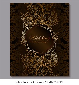Exquisite chocolate royal luxury wedding invitation, gold floral background with frame and place for text, lacy foliage made of roses or peonies with golden shiny gradient