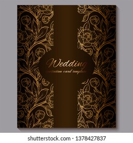 Exquisite chocolate royal luxury wedding invitation, gold floral background with frame and place for text, lacy foliage made of roses or peonies with golden shiny gradient