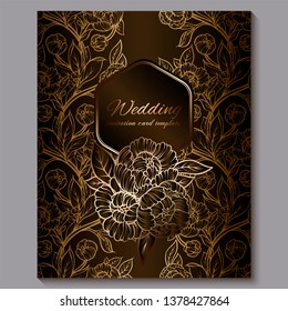 Exquisite chocolate royal luxury wedding invitation, gold floral background with frame and place for text, lacy foliage made of roses or peonies with golden shiny gradient