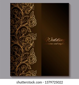 Exquisite chocolate royal luxury wedding invitation, gold floral background with frame and place for text, lacy foliage made of roses or peonies with golden shiny gradient