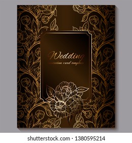 Exquisite chocolate royal luxury wedding invitation, gold floral background with frame and place for text, lacy foliage made of roses or peonies with golden shiny gradient