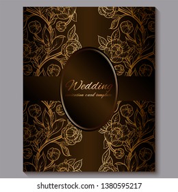 Exquisite chocolate royal luxury wedding invitation, gold floral background with frame and place for text, lacy foliage made of roses or peonies with golden shiny gradient