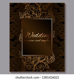 Exquisite chocolate royal luxury wedding invitation, gold floral background with frame and place for text, lacy foliage made of roses or peonies with golden shiny gradient