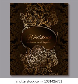 Exquisite chocolate royal luxury wedding invitation, gold floral background with frame and place for text, lacy foliage made of roses or peonies with golden shiny gradient