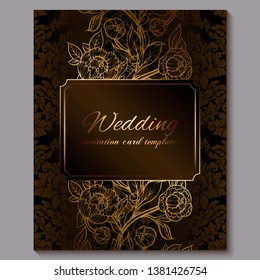 Exquisite chocolate royal luxury wedding invitation, gold floral background with frame and place for text, lacy foliage made of roses or peonies with golden shiny gradient