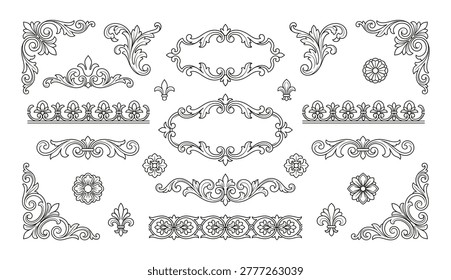 Exquisite collection of baroque style frames, corners, and dividers. Features elegant floral scrolls, fleur de lis motifs, and decorative borders for sophisticated designs.
