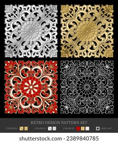 Eine exquisite Kollektion von vier Retro-Designmustern, die jeweils eine einzigartige Mischung aus floraler Eleganz präsentieren.