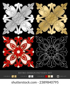 An exquisite collection of four retro design patterns, each presenting a unique blend of floral elegance.