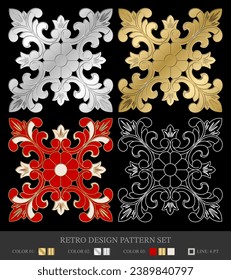 An exquisite collection of four retro design patterns, each presenting a unique blend of floral elegance.