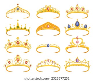 Exquisita Colección De Tiaras Regales, Adornadas Con Preciosos Gemas Y Diseños Intrincados, Epitomizando La Elegancia Y La Majestad Apropiada Para La Realeza Aislada En Fondo Blanco. Ilustración del vector de dibujos animados