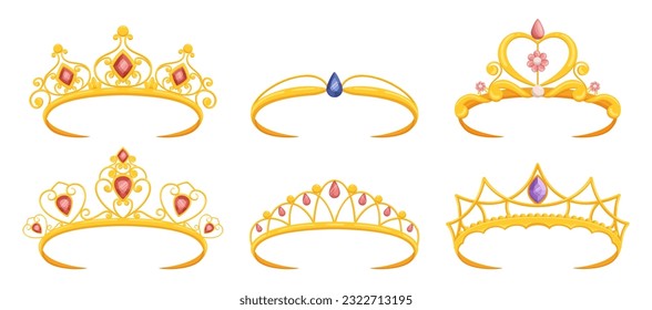 Eine exquisite Kollektion von Royal Tiaras mit Edelsteinen und aufwändigen Designs, symbolisierender Eleganz, Opulenz und regelmäßigem Reiz für Königinnen und Prinzessinnen. Cartoon-Vektorgrafik