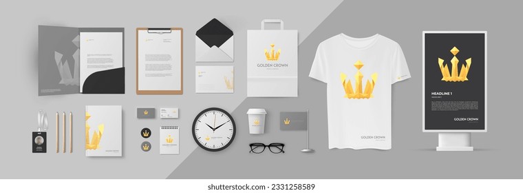 Exquisite Colorful Gradient Vector Logo with a Majestic Golden Crown: Complete Corporate Branding Elements for Elegantly Empowering Business Company Identity. Folder, Cards, Envelope and A4 Form.