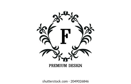 Exquisite company brand sign with letter F. Black and white logo for cafe, bar, restaurant, invitation, wedding. Business style