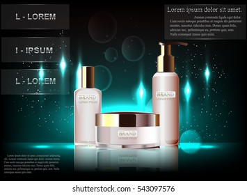 Modelo de anúncios cosméticos requintados, maquete em branco com fundo bokeh espumante e efeito deslumbrante, garrafa de spray, tubo. ilustração 3D.