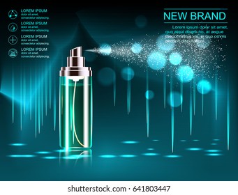 Exquisite cosmetic ads template, blank cosmetic mockup with sparkling bokeh background and dazzling effect, cosmetic spray bottle, tube.