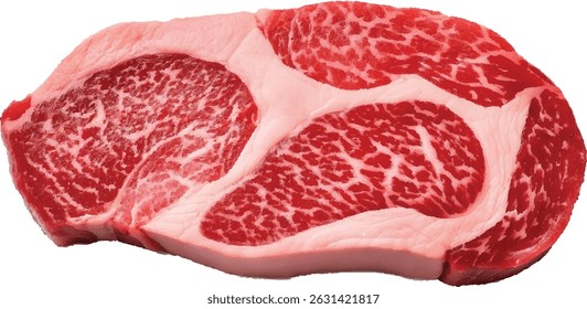Um requintado corte de carne de vaca Wagyu japonesa crua, apresentando seu marmoreado intramuscular (gordura intramuscular) altamente procurado que significa sensibilidade e sabor excepcionais. 