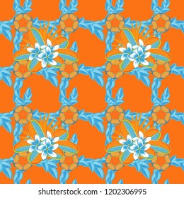 Exquisite cute pattern with plumeria flowers in vintage style. Trendy print with ditsy plumeria flowers in yellow, orange and blue colors. Beautiful vector seamless pattern for decoration and design.