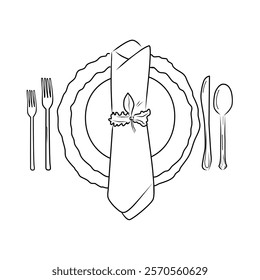 exquisite cutlery setting, plate, spoon, table knife, fork, dessert fork, napkin ring. Decorations for a dinner or lunch party. Pocket napkin fold. Line art table setting.