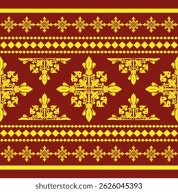 Exquisite Damask Florals Seamless Border Pattern with Royal Gold on Red Background. Elaborate Detailed Luxury Haute Couture Medieval Sense of Baroque for all kind of rich honor decoration apparel silk