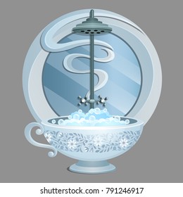 Exquisite design bath in the form of a cup filled with water with foam isolated on a grey background. Idea of created interior of the bathroom. Vector cartoon close-up illustration.