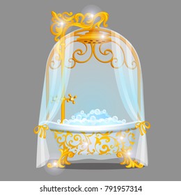 Exquisite design bath with a golden florid ornaments filled with water with foam isolated on a grey background. Idea of created interior of the bathroom. Vector cartoon close-up illustration.