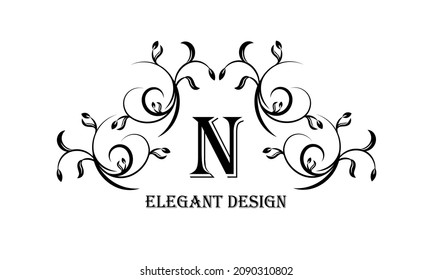 Exquisite Design-Vorlage für ein elegantes florales Monogramm mit dem Buchstaben N. Kalligraphische Stilmöbel. Vektorgrafik.