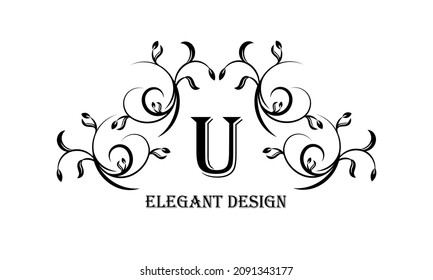Exquisita plantilla de diseño para un elegante monograma floral con la letra U. El diseño de la decoración caligráfica. Ilustración vectorial.
