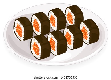 Exquisite dishes of national cuisine. On a beautifully served dish includes seafood, sushi, rolls, caviar, rice, greens. Festive treat. Vector illustration