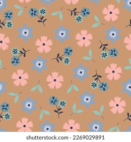 Exquisite ditsy floral seamless pattern. Aesthetic surface pattern of scandi wildflowers and leaves. Allover flowery texture. Dainty tileable whimsical floral arrangement. Repeat textured background.