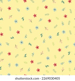 Exquisite ditsy floral seamless pattern. Aesthetic surface pattern of scandi wildflowers and leaves. Allover flowery texture. Dainty tileable whimsical floral arrangement. Repeat textured background.