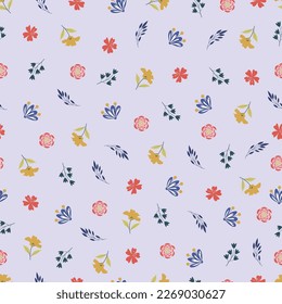 Exquisite ditsy floral seamless pattern. Aesthetic surface pattern of scandi wildflowers and leaves. Allover flowery texture. Dainty tileable whimsical floral arrangement. Repeat textured background.