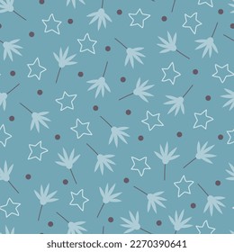 Exquisite ditsy floral seamless pattern design. Aesthetic bunch of scandi wildflowers, polkadots and stars. Dainty flowery surface pattern tile. Repeat textured background.