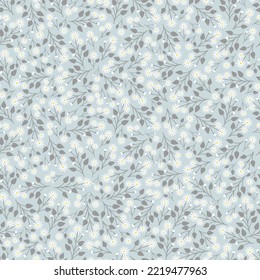 Exquisite ditsy floral seamless surface pattern design. Aesthetic bunch of blooming wildflowers and leaves. Allover printed textured background. Dainty tileable multicolour floral arrangement  