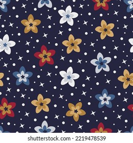 Exquisite ditsy floral seamless surface pattern design. Aesthetic bunch of scandi flowers, polkadots and stars. Allover printed textured background. Dainty tileable multicolour floral arrangement