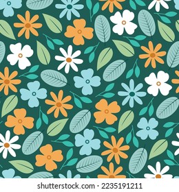 Exquisite ditsy floral seamless surface pattern design. Aesthetic bunch of blooming scandi wildflowers. Allover printed flowery texture with green background. Dainty tileable floral arrangement. 