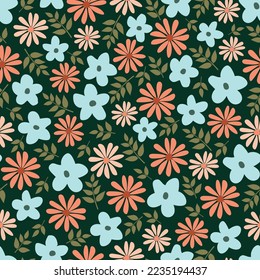 Exquisite ditsy floral seamless surface pattern design. Aesthetic bunch of blooming scandi wildflowers. Allover printed flowery texture with green background. Dainty tileable floral arrangement. 