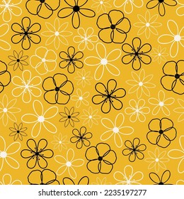 Exquisite ditsy floral seamless surface pattern design. Aesthetic bunch of blooming wildflowers. Allover printed flowery texture with yellow background. Dainty tileable multicolour floral arrangement.