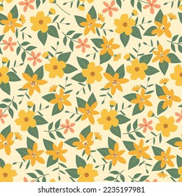 Exquisite ditsy floral seamless surface pattern design. Aesthetic bunch of blooming scandi wildflower bouquet. Allover print flowery texture with green background. Dainty tileable floral arrangement. 